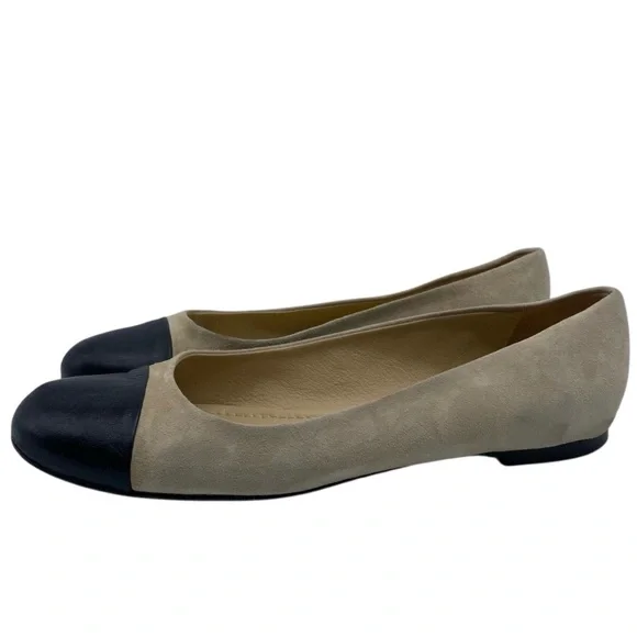 Garnet Hill Womens Shoes Leather Flats Sz 8 Tan Black Suede Cap Toe Italy Chic - Picture 11 of 11